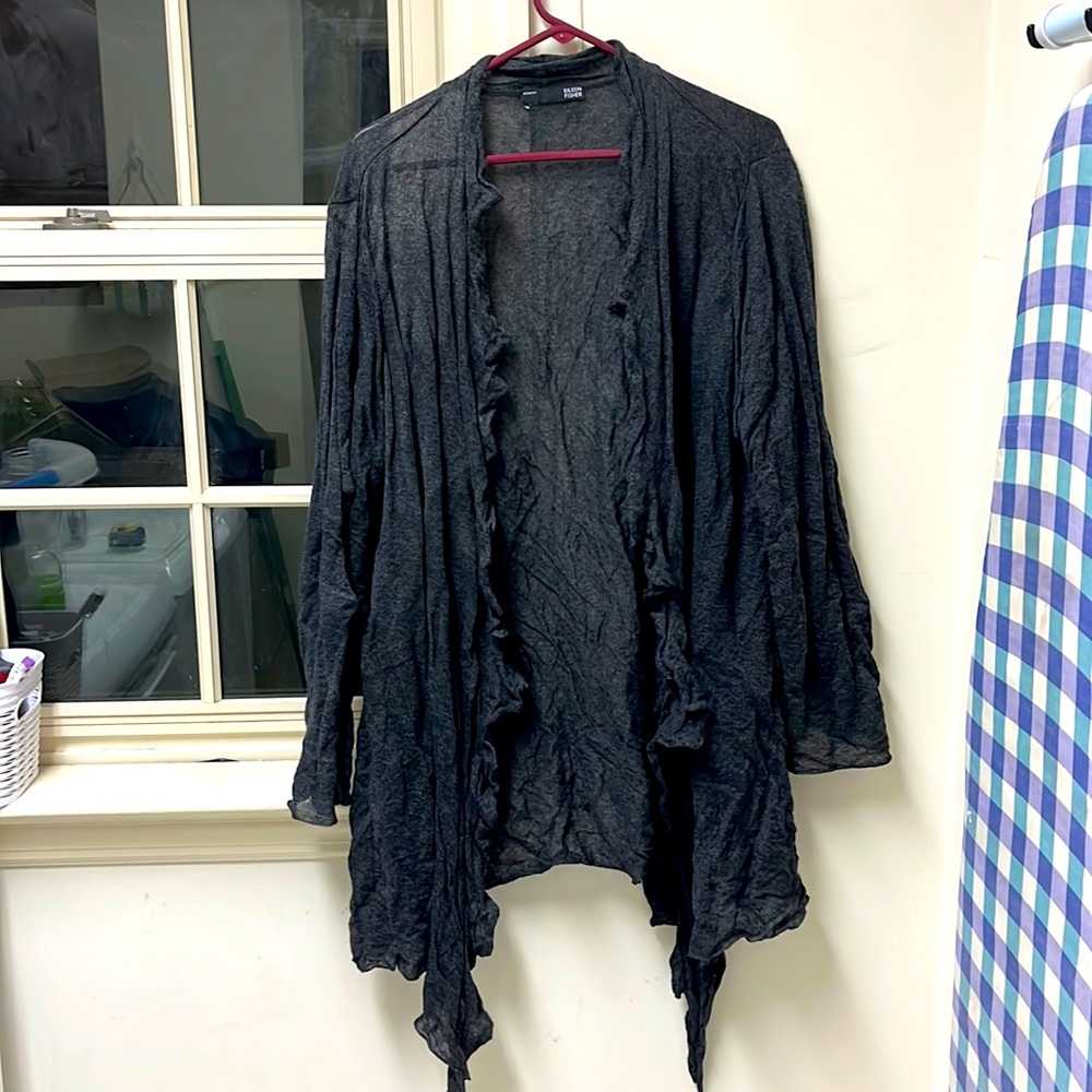 Eileen Fisher sweater/ wrap. Size 1X. Grey w ruffle. Lightweight and versatile!